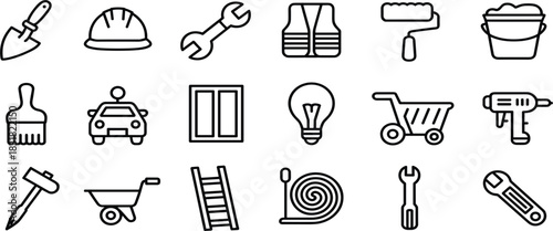 Construction, Repair, and Hand Tools Line Icons Set: Featuring Hard Hat, Shovel, Wrench, Roller, Drill, and Wheelbarrow Vector Illustration