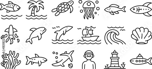 Sea, Ocean Life, and Beach Holiday Line Icons Set: Featuring Fish, Turtle, Jellyfish, Lighthouse, Shark, Diver, and Sailboat Vector Illustration