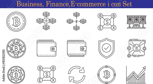 Business Finance E commerce and Cryptocurrency Icons Set in Line Style Depicting Digital Assets and Financial Transactions