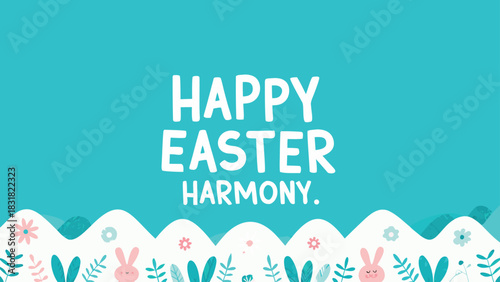 Happy easter harmony text with cute bunnies and floral elements on a turquoise background perfect for spring celebrations and festive greetings