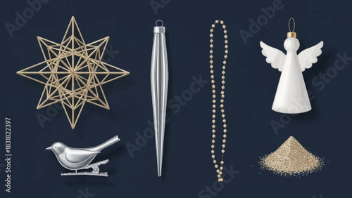 A festive vector set of traditional winter Christmas tree decoration icons, featuring a star, angel, bird, and other classic holiday ornaments