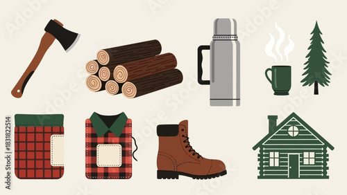 Christmas winter vector set of icons, including axe, logs, thermos, boots, shirt, cabin and pine tree for cozy holiday camping