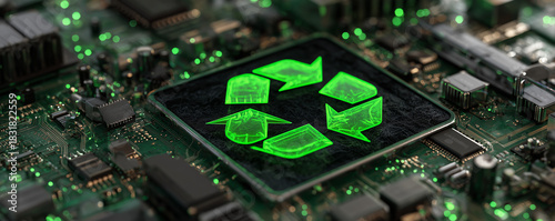 Glowing green recycle symbol on computer circuit board. Technology meets sustainability with electronic components, complex circuitry, glowing lights. Focus on innovation, environmental