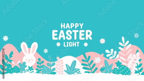 Happy easter light greeting with a cute white bunny surrounded by pastel pink and teal foliage and flowers on a bright blue background