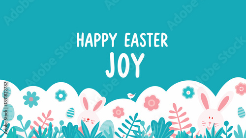 Happy easter joy with cute bunnies colorful eggs and blooming flowers in a vibrant teal background perfect for spring celebrations and festive greetings