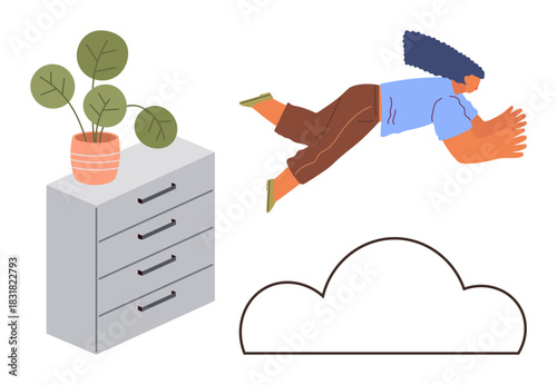 Dynamic figure jumping toward outlined cloud, next to cabinet with potted plant. Ideal for innovation, dream, aspiration, creativity, surreal concepts, decision-making progress. Simple flat metaphor