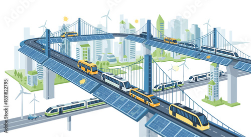 Modern sustainable transportation system with trains and buses on elevated bridges, Generative AI.