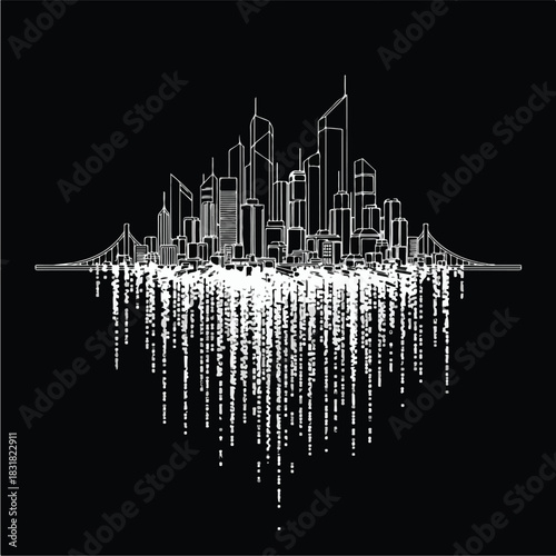 Abstract digital city skyline with inverted matrix effect on black background.
