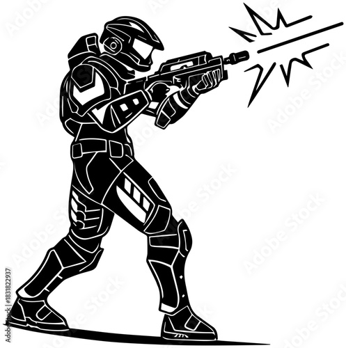 Futuristic Soldier Firing – Sci-Fi Combat Silhouette