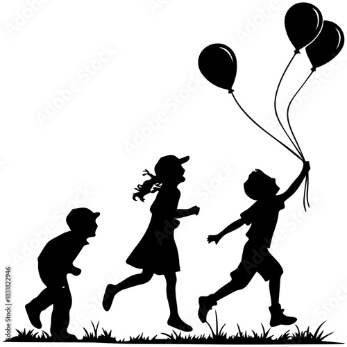 Children Playing Outdoors – Balloon Fun Silhouette