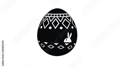 A minimalist black and white graphic illustration of a decorated easter egg with a cute bunny peeking out from behind a patterned border on a white background