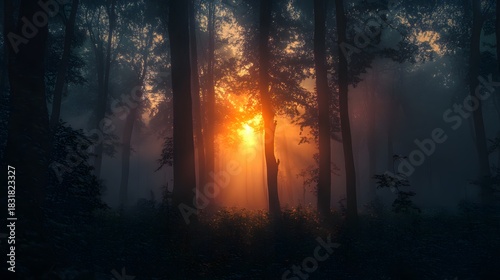 A warm, orange sunrise illuminates a dense, misty forest, creating a magical, ethereal atmosphere. The light shines through the tall trees, casting long shadows and creating a sense of mystery.