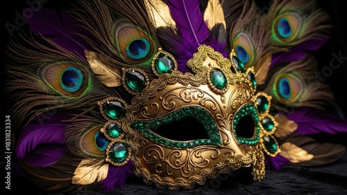 Ornate gold carnival mask with green jewels and vibrant peacock feathers on a dark background for masquerade celebration