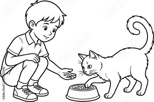 Happy young boy kneeling and gently feeding his pet cat from a bowl, promoting themes of responsibility, animal care, friendship, and domestic life as a black and white vector