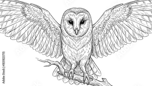 Detailed black and white sketch vector illustration of a majestic barn owl with wings spread wide, perched on a branch, perfect for wildlife logos, posters, and mystical designs