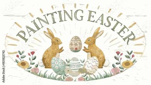 Charming watercolor illustration of two adorable bunnies surrounded by beautifully decorated easter eggs and spring flowers with the text painting easter prominently displayed