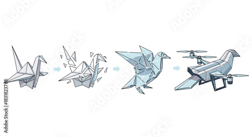 Origami Crane Transforms into Futuristic Drone, Generative AI.