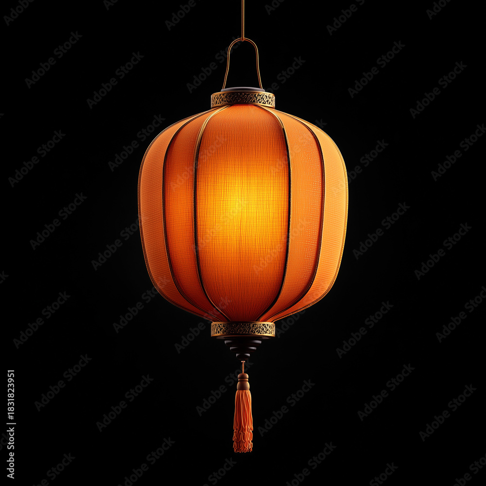 Fototapeta premium Elegant Mid-Autumn Festival lantern radiates warm hues of orange and gold isolated on a black background