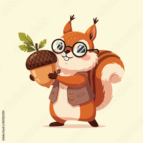 Cute cartoon squirrel wearing glasses holding a big acorn.
