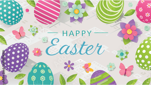 Festive happy easter greeting card with colorful decorated eggs butterflies and flowers on a light background with subtle geometric patterns