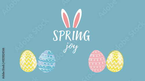 Whimsical easter greeting with colorful patterned eggs and bunny ears conveying spring joy and celebration on a pastel blue background