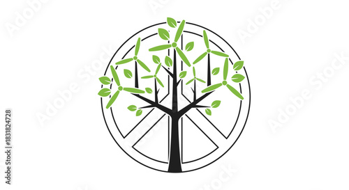 Peace Symbol Tree with Wind Turbines as Leaves, Generative AI.