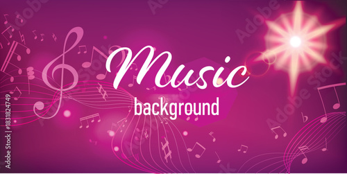 Horizontal vector template for a music banner or stream cover featuring a glowing beam of light, dynamic treble clef, curved musical staff, and floating notes. Bright illumination, modern abstract sty