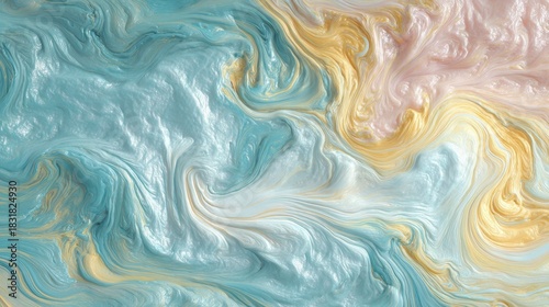Swirling, iridescent paints blend, forming an abstract, fluid texture. Colors include blue, gold, pink, and white