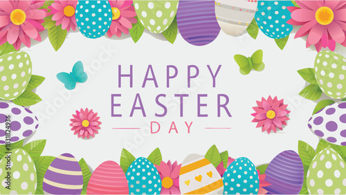 Happy easter day greeting card with colorful decorated eggs flowers and butterflies on a white background for spring celebration