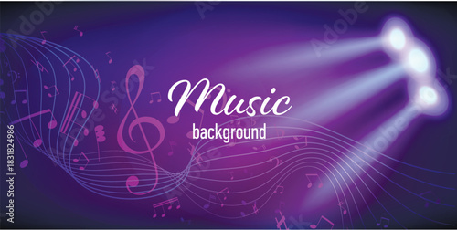Horizontal vector template for a music banner or stream cover featuring a glowing beam of light, dynamic treble clef, curved musical staff, and floating notes. Bright illumination, modern abstract sty