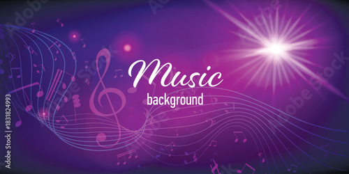 Horizontal vector template for a music banner or stream cover featuring a glowing beam of light, dynamic treble clef, curved musical staff, and floating notes. Bright illumination, modern abstract sty
