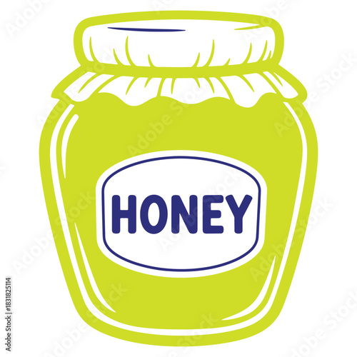 Illustration of a Honey Jar with Label Featuring the Word Honey in Bold Letters and White Background