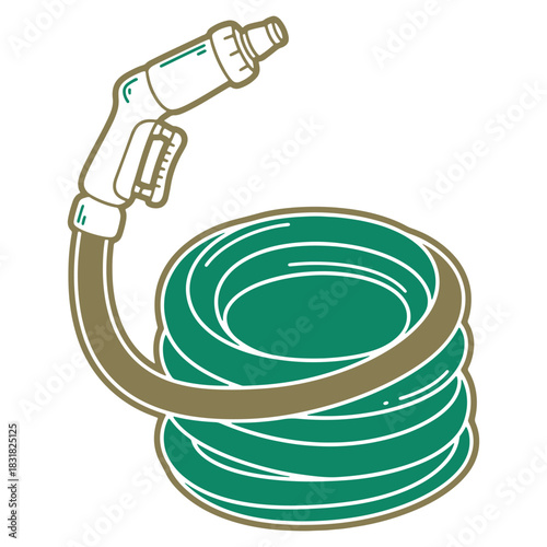 Illustration of a Garden Hose with Nozzle Rolled Up for Easy Storage and Outdoor Use