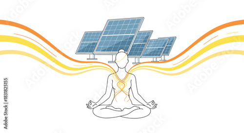 Person Meditating Under Solar Panels Generating Energy, Generative AI.
