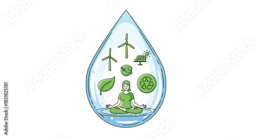 Person meditating within a water droplet surrounded by environmental symbols, Generative AI.