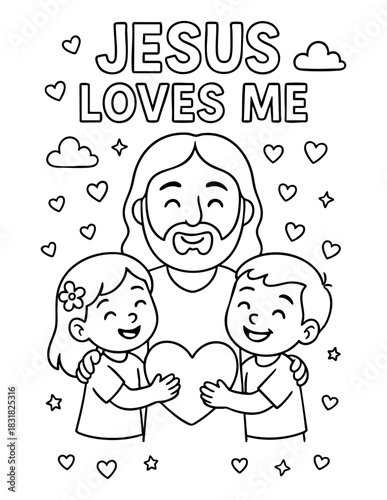 vector illustration of jesus hugging smiling children holding a heart in christian valentine coloring page with cute hearts and clouds for kids activities sunday school worksheets and crafts