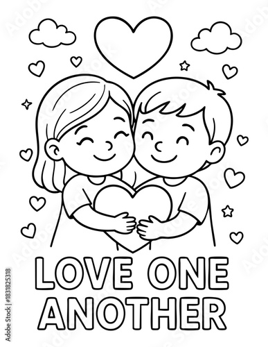 vector illustration of smiling children hugging and holding a heart in christian valentine coloring page with cute hearts clouds and stars for kids activities sunday school worksheets crafts