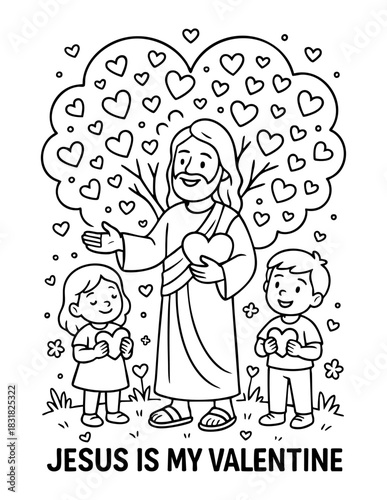 vector illustration of jesus smiling with children holding hearts under a heart shaped tree in christian valentine coloring page for kids activities sunday school worksheets crafts and printables