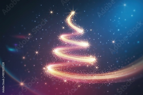 Glowing spiral trail elegantly forms a vibrant Christmas tree against a starry blue background