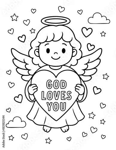 vector illustration of cute smiling angel holding a large heart surrounded by clouds stars and hearts in christian valentine coloring page for kids activities sunday school worksheets crafts