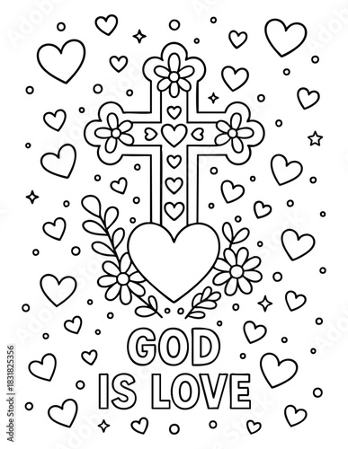 vector illustration of decorative cross with flowers hearts and leaves in christian valentine coloring page for kids activities sunday school worksheets crafts and inspirational printables