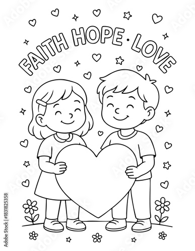vector illustration of smiling girl and boy holding a large heart surrounded by stars hearts and flowers in christian valentine coloring page for kids activities sunday school worksheets crafts