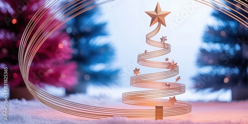 A luminous star sits atop the spiraling metallic tree amidst blurred colorful winter scenery