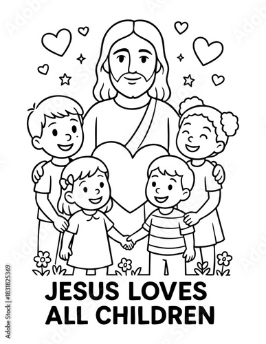 vector illustration of jesus smiling with a diverse group of children holding a heart surrounded by flowers hearts and stars in christian valentine coloring page for kids activities sunday school