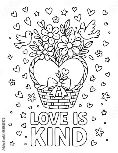 vector illustration of heart shaped basket with flowers bow and birds surrounded by hearts and stars in christian valentine coloring page for kids activities sunday school worksheets crafts