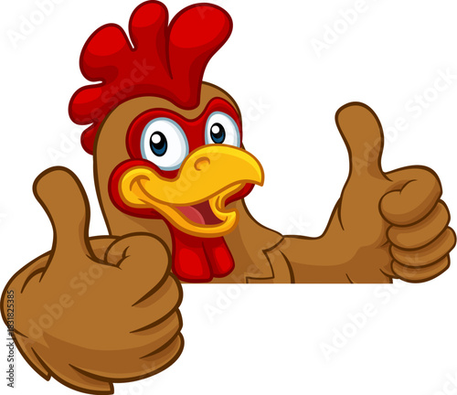 A chicken rooster cockerel bird cartoon character peeking over a sign and giving a double thumbs up