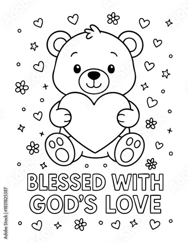 vector illustration of cute teddy bear holding a large heart surrounded by flowers hearts and stars in christian valentine coloring page for kids activities sunday school worksheets crafts