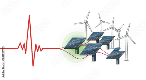 Renewable Energy Sources Connected to a Heartbeat Monitor, Generative AI.