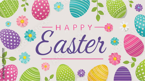 Happy easter greeting card with colorful decorated eggs and flowers on a light background