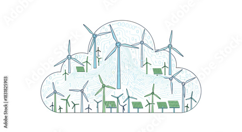 Renewable energy sources integrated into a cloud concept, Generative AI.